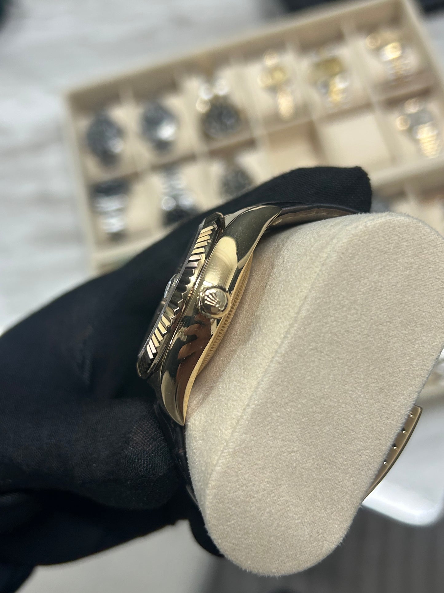 Rolex Sky Dweller Yellow Gold Silver Roman Dial Leather Strap 2014 Model 326138