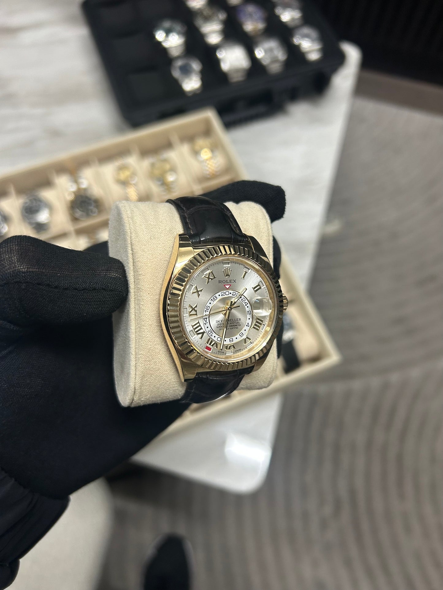Rolex Sky Dweller Yellow Gold Silver Roman Dial Leather Strap 2014 Model 326138