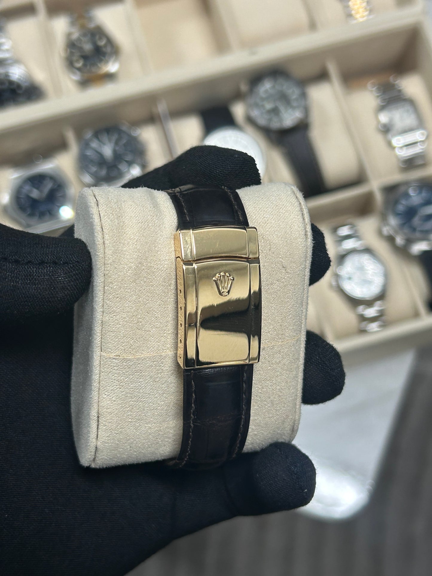 Rolex Sky Dweller Yellow Gold Silver Roman Dial Leather Strap 2014 Model 326138