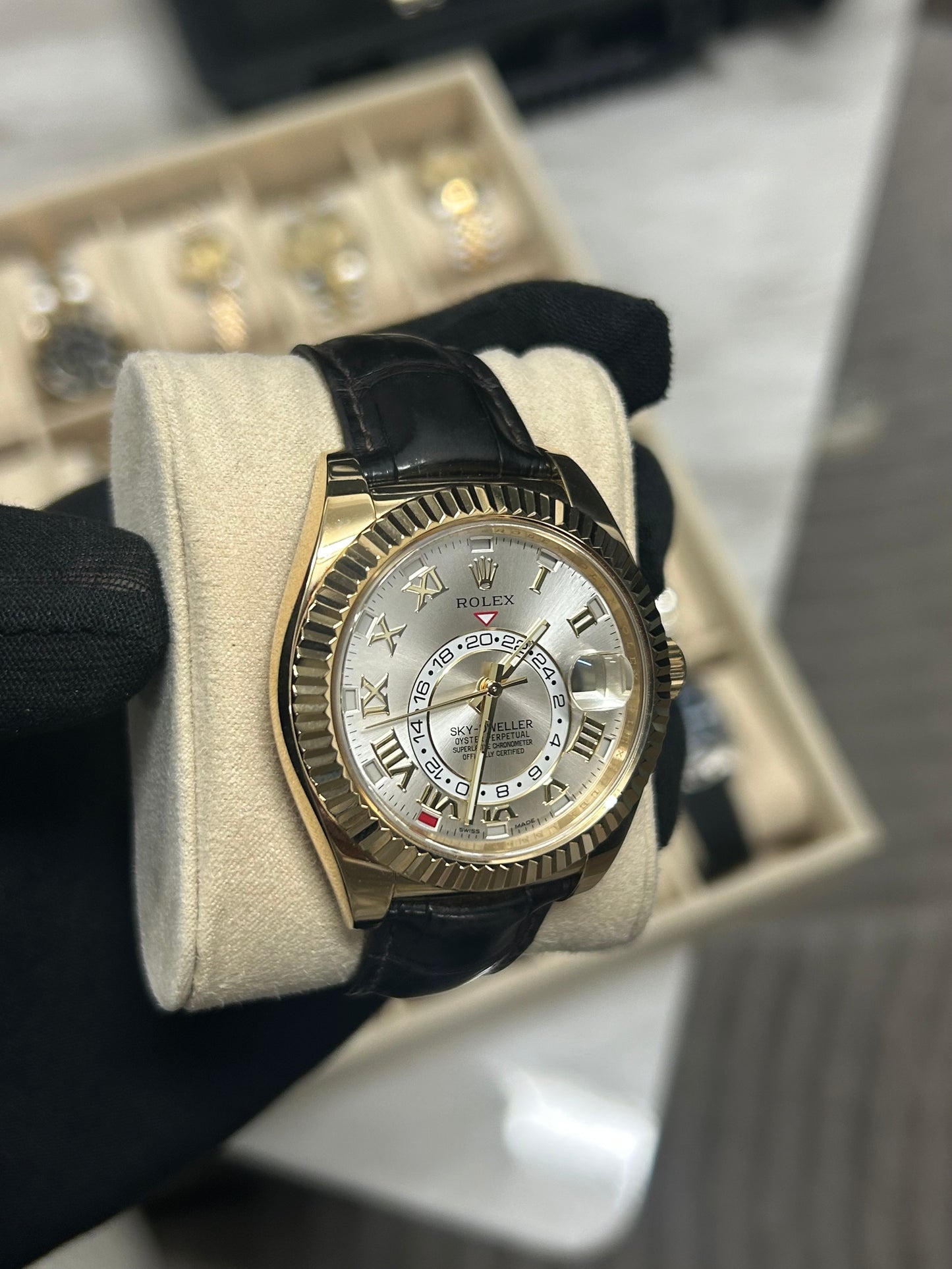 Rolex Sky Dweller Yellow Gold Silver Roman Dial Leather Strap 2014 Model 326138