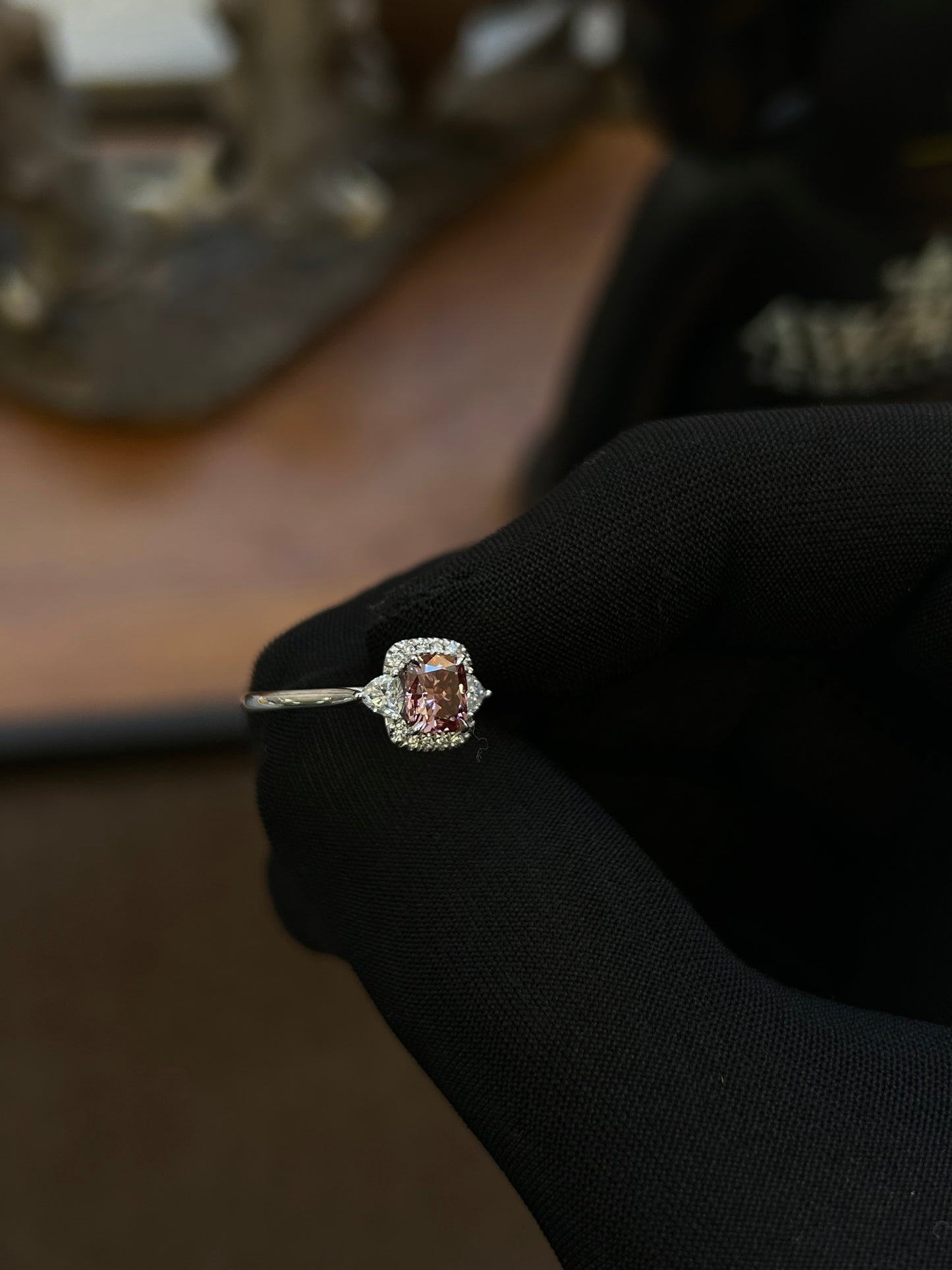 Pink cushion cut lab diamond ring in 18ct white gold 1.41TCW