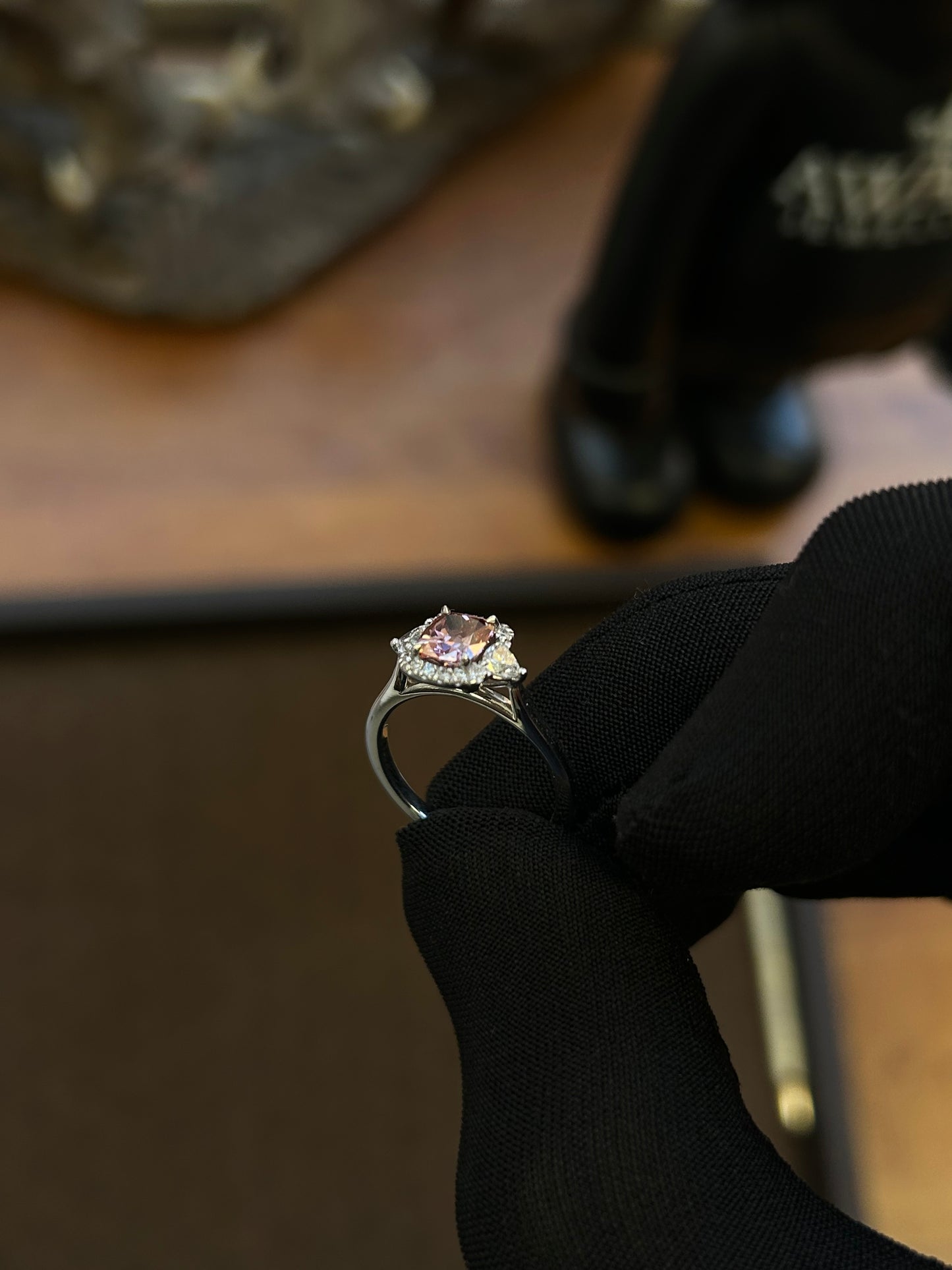 Pink cushion cut lab diamond ring in 18ct white gold 1.41TCW