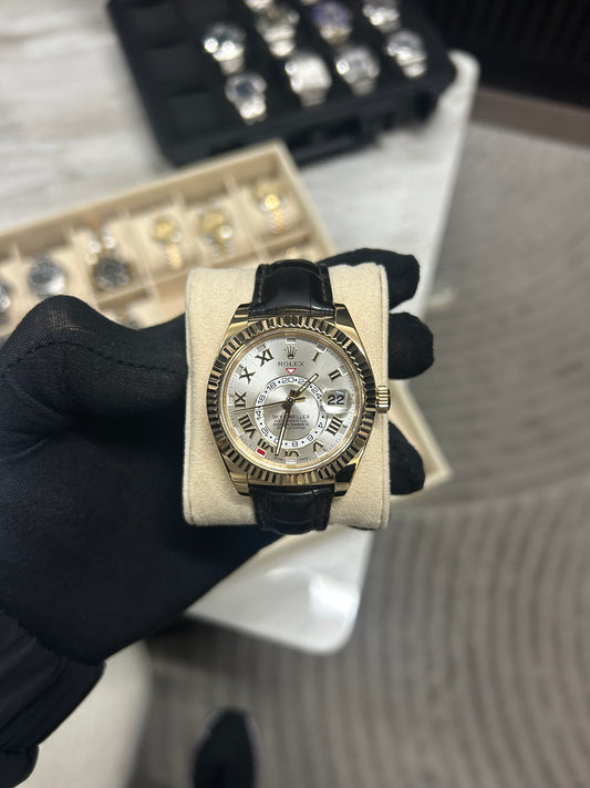 Rolex Sky Dweller Yellow Gold Silver Roman Dial Leather Strap 2014 Model 326138