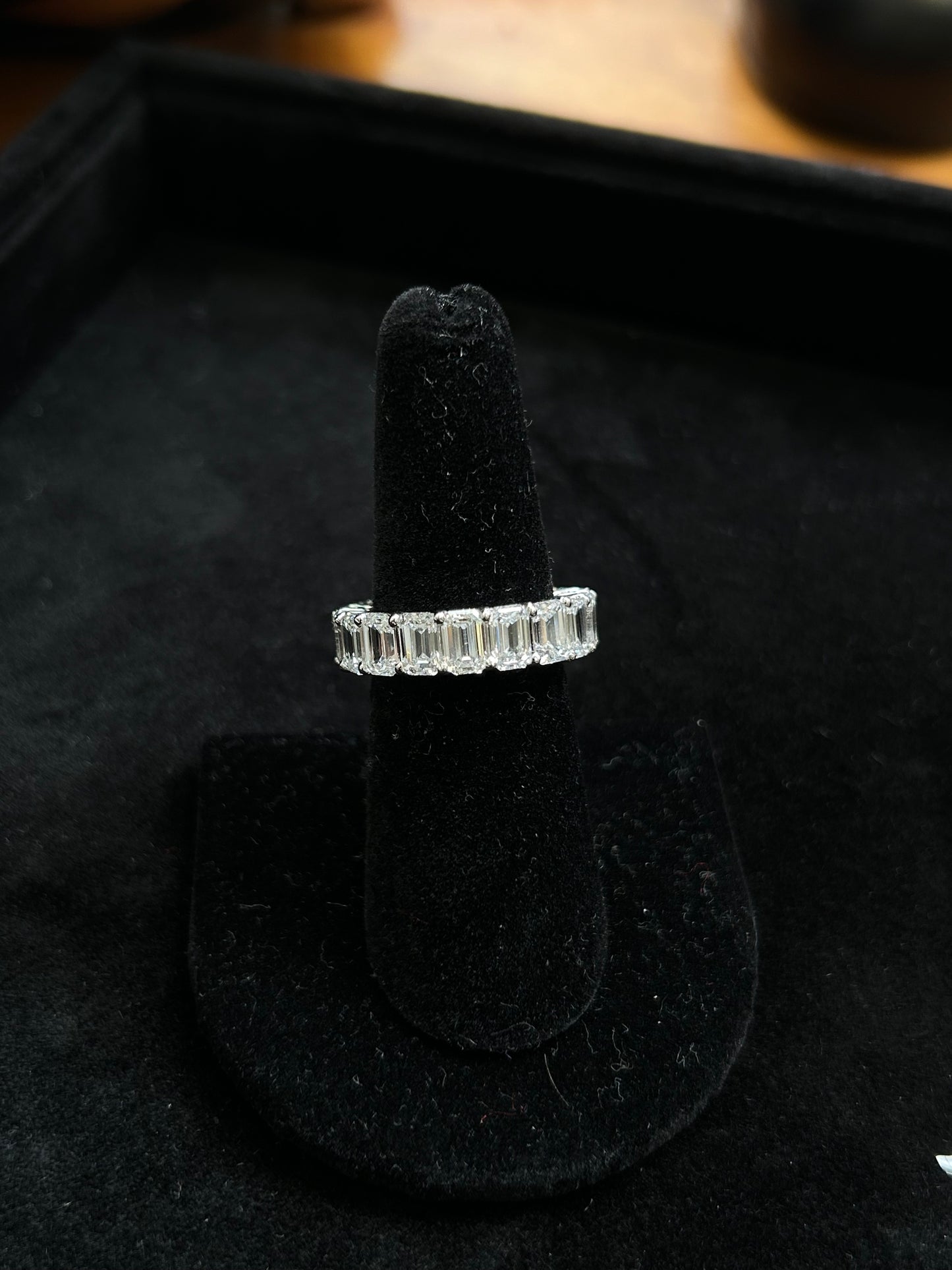 Emerald cut lab diamond full eternity band 18k white gold 10TCW