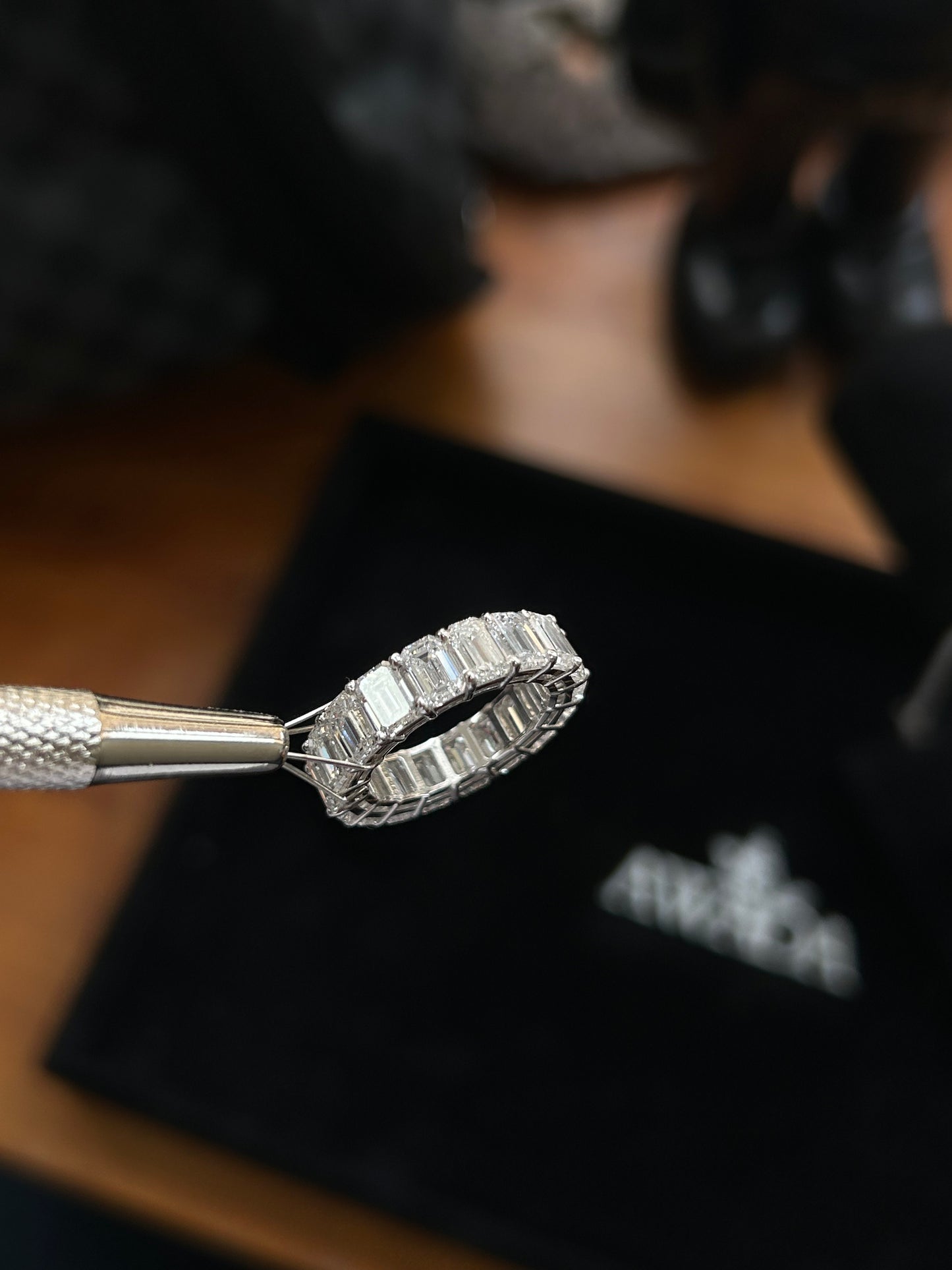 Emerald cut lab diamond full eternity band 18k white gold 10TCW