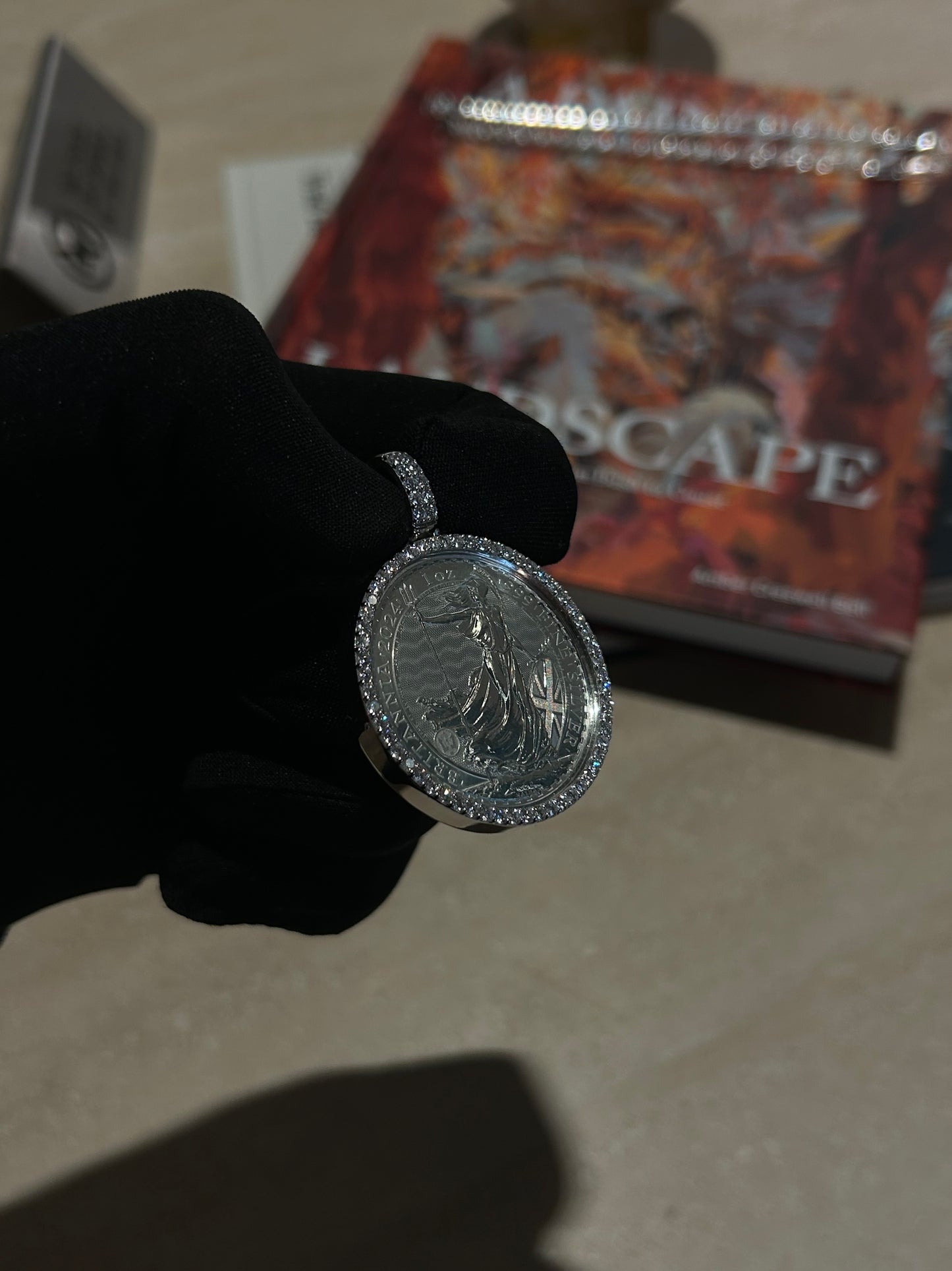 Silver Britannia 10z coin bullion diamond pendant 1.50TCW