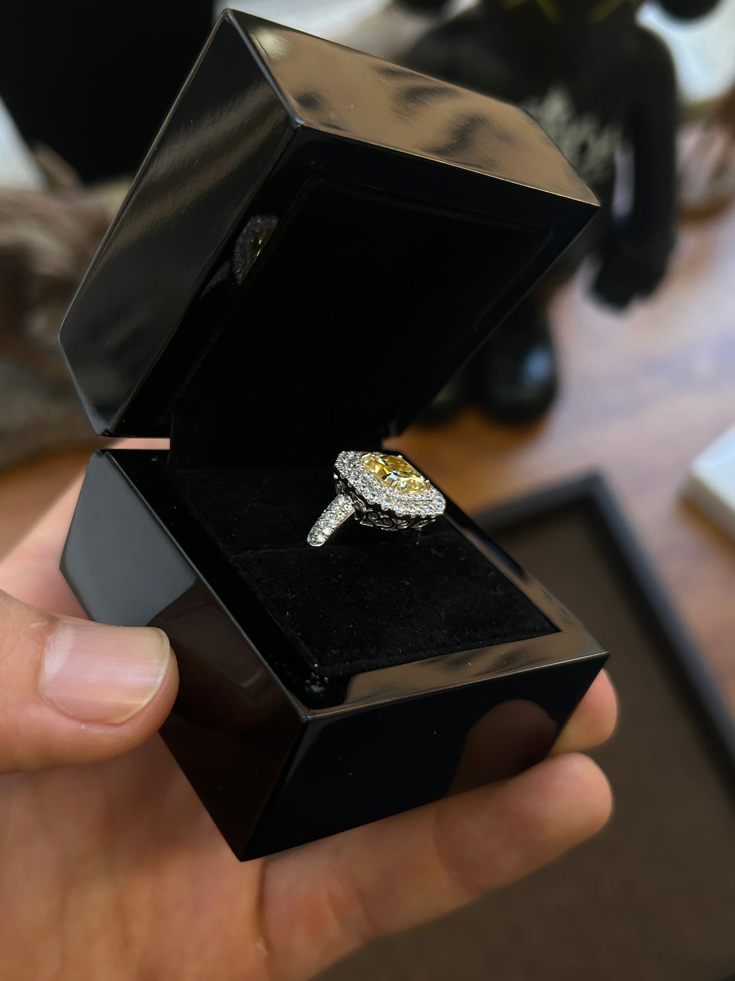 Natural 3.54 Carat Fancy yellow radiant cut ring